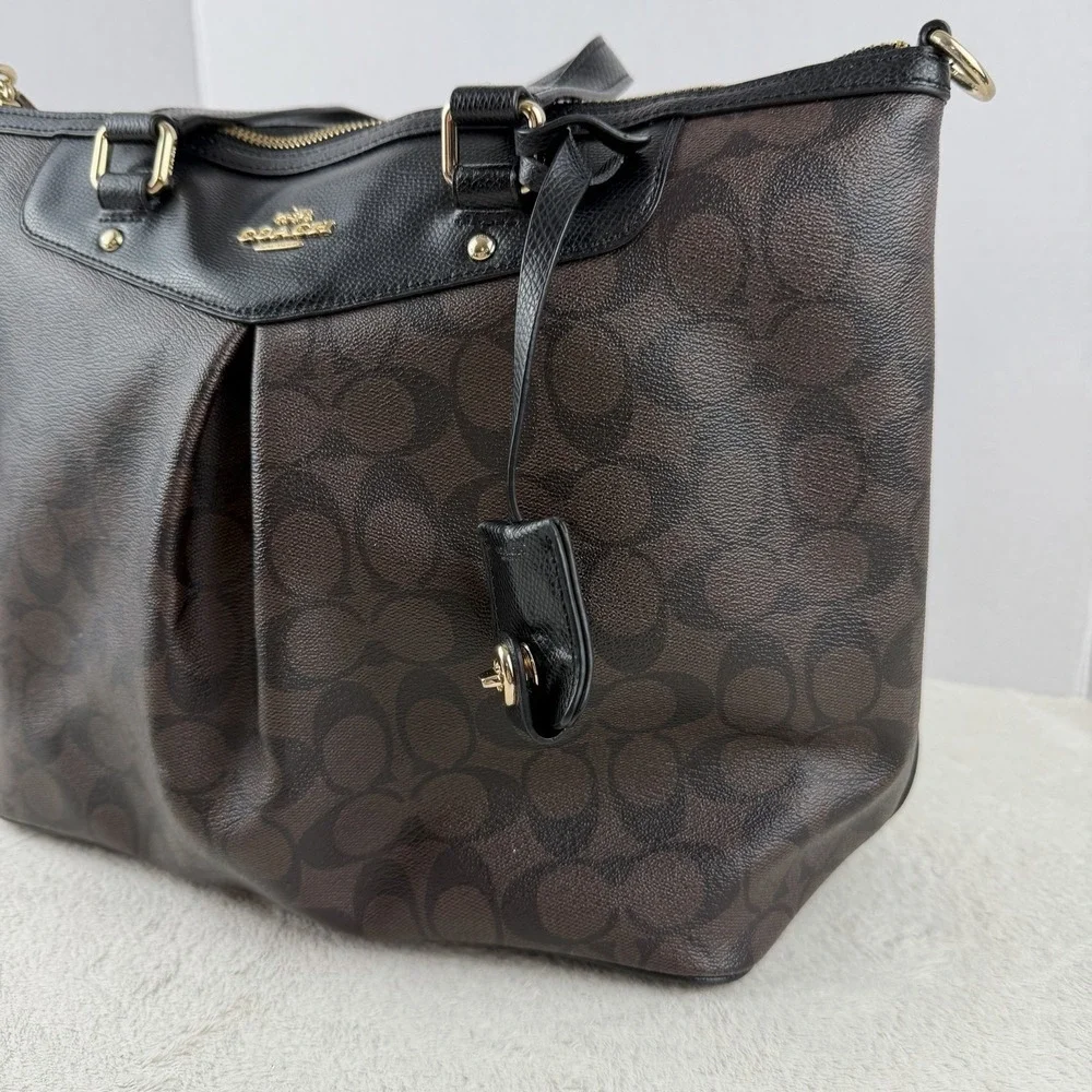Coach Signature Pleated Peyton‎ Tote Dark Brown & Black F34614 $395